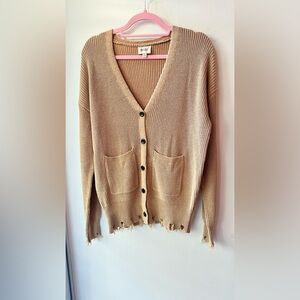 BiBi, Tan Knit Distressed Hem Button Cardigan, Size S | 0025